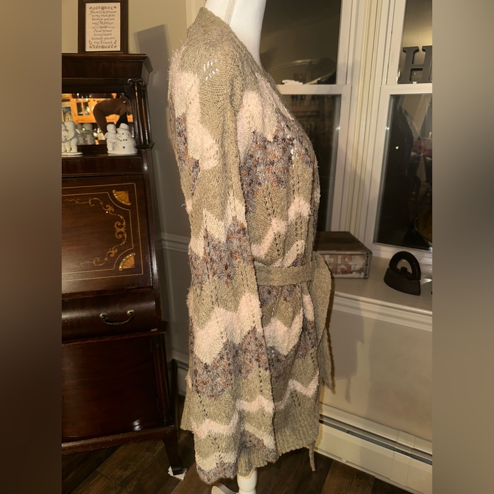 New Preswick & Moore Womens Long Cardigan Tans/ Pale Pink Boho/ Belt / size 2X - Picture 5 of 15
